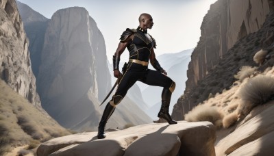 solo,1boy,standing,full body,weapon,male focus,boots,outdoors,belt,sword,dark skin,armor,tattoo,muscular,dark-skinned male,shoulder armor,sheath,pauldrons,rock,vambraces,bald,knee pads,holding,cape,holding weapon,holding sword,scenery,arm guards,desert