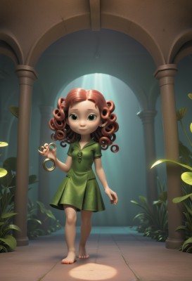 1girl,solo,long hair,looking at viewer,smile,brown hair,dress,holding,green eyes,standing,full body,short sleeves,red hair,barefoot,indoors,nail polish,toes,leaf,plant,child,freckles,toenails,curly hair,green dress,toenail polish,female child,scissors,pillar,holding scissors,jewelry,feet,aged down,bike shorts