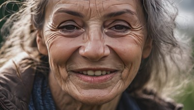 solo,looking at viewer,smile,open mouth,1boy,white hair,grey hair,male focus,parted lips,teeth,artist name,signature,grin,blurry,lips,blurry background,portrait,close-up,realistic,old,old man,old woman,wrinkled skin,long hair,watermark,scar,clenched teeth,nose