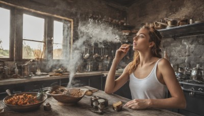 1girl,solo,long hair,blue eyes,blonde hair,brown hair,holding,bare shoulders,sitting,upper body,food,sleeveless,indoors,water,cup,lips,window,eating,table,tank top,bottle,steam,scenery,plate,smoke,freckles,bowl,cigarette,realistic,spoon,smoking,white tank top,kitchen,signature