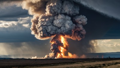 outdoors,sky,day,cloud,no humans,ocean,sunlight,cloudy sky,fire,building,scenery,smoke,horizon,explosion,burning,solo,1other,landscape