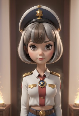 1girl,solo,breasts,looking at viewer,smile,short hair,bangs,brown hair,shirt,long sleeves,hat,navel,brown eyes,medium breasts,closed mouth,white shirt,upper body,grey hair,small breasts,necktie,midriff,collared shirt,belt,pants,indoors,blurry,uniform,lips,grey eyes,military,eyelashes,military uniform,bob cut,denim,red necktie,blue headwear,freckles,epaulettes,military hat,arms at sides,blue pants,brown belt,medal,blush,multicolored hair,realistic