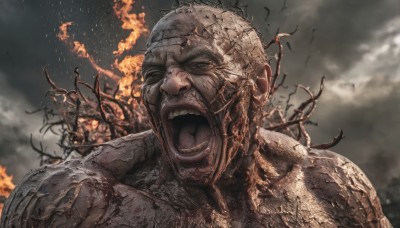 solo,looking at viewer,open mouth,blue eyes,1boy,male focus,outdoors,sky,teeth,cloud,armor,cloudy sky,fire,portrait,realistic,alien,upper body,tongue,blood,veins,monster,bald,burning