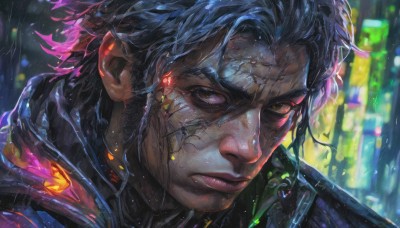 solo,looking at viewer,short hair,bangs,black hair,1boy,brown eyes,closed mouth,jacket,grey hair,male focus,outdoors,blurry,lips,wet,blurry background,scar,portrait,scar on face,science fiction,rain,realistic,nose,cyborg,cyberpunk,blue hair,yellow eyes,night,glowing,heterochromia,veins,serious,city,city lights