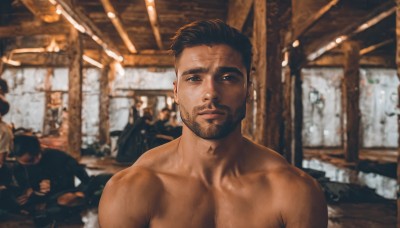 solo,looking at viewer,short hair,brown hair,black hair,1boy,closed mouth,upper body,male focus,nude,multiple boys,solo focus,indoors,dark skin,blurry,muscular,blurry background,facial hair,dark-skinned male,pectorals,muscular male,bara,beard,topless male,mature male,realistic,mustache,undercut,chest hair,photo background,smile,blue eyes,meme