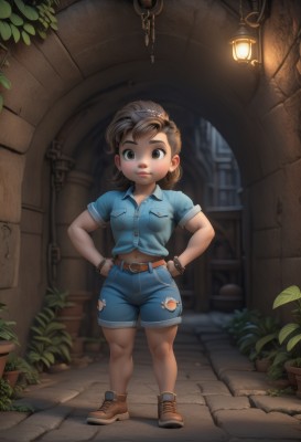 1girl,solo,looking at viewer,smile,short hair,brown hair,shirt,hair ornament,navel,brown eyes,jewelry,closed mouth,standing,full body,ponytail,short sleeves,outdoors,shoes,shorts,midriff,collared shirt,belt,artist name,indoors,bracelet,torn clothes,short shorts,buttons,brown footwear,blue shirt,plant,denim,sneakers,child,buckle,blue shorts,denim shorts,pocket,hands on hips,lantern,belt buckle,female child,breast pocket,cutoffs,alley,stone floor,hairclip,lips,watermark,web address,lamp