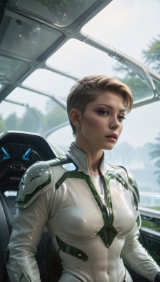 1girl,solo,breasts,looking at viewer,short hair,blue eyes,brown hair,jewelry,medium breasts,sitting,upper body,earrings,parted lips,day,artist name,dark skin,armor,dark-skinned female,tree,lips,bodysuit,covered navel,makeup,ground vehicle,skin tight,motor vehicle,science fiction,realistic,nose,car,stud earrings,very short hair,white bodysuit,car interior,blonde hair,gloves,signature,blurry,see-through,blurry background,lipstick,eyeshadow,asymmetrical hair,red lips,pilot suit,helmet removed,cockpit,pilot