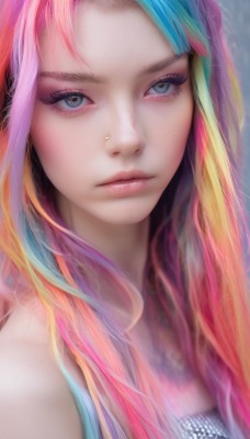 1girl,solo,long hair,looking at viewer,blue eyes,bare shoulders,closed mouth,blue hair,upper body,pink hair,multicolored hair,lips,streaked hair,eyelashes,makeup,watermark,piercing,portrait,web address,close-up,eyeshadow,freckles,realistic,nose,eyeliner,mascara,rainbow hair,bangs,blonde hair,artist name,orange hair,blurry,grey eyes,expressionless,nose piercing