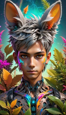 solo,looking at viewer,short hair,1boy,animal ears,brown eyes,jewelry,closed mouth,upper body,flower,grey hair,male focus,earrings,outdoors,sky,artist name,rabbit ears,lips,eyelashes,leaf,facial mark,plant,portrait,star (sky),extra ears,androgynous,science fiction,nose,facepaint,cyborg,paint splatter,cyberpunk,bangs,yellow eyes,multicolored hair,scar,thick eyebrows,scar on face,close-up,pink lips,very short hair,paint