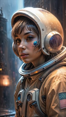 1girl,solo,looking at viewer,short hair,brown hair,black hair,brown eyes,upper body,parted lips,artist name,signature,blurry,lips,eyelashes,depth of field,blurry background,helmet,freckles,science fiction,rain,realistic,nose,american flag,spacesuit,japanese flag,space helmet,astronaut,bangs,jacket,outdoors,from side,building,bandaid,zipper,bandaid on face,cyberpunk,patch,united states