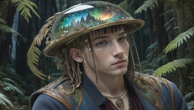 1girl,solo,long hair,looking at viewer,bangs,blue eyes,brown hair,1boy,hat,jewelry,closed mouth,upper body,male focus,earrings,outdoors,necklace,mole,blurry,tree,lips,mole under eye,leaf,feathers,plant,gem,portrait,nature,forest,freckles,realistic,nose,hat feather,shirt,black hair,blunt bangs,night,facial hair,scenery,fantasy