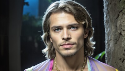 HQ,solo,looking at viewer,blue eyes,brown hair,1boy,jewelry,closed mouth,male focus,outdoors,medium hair,necklace,blurry,tree,lips,grey eyes,night,blurry background,facial hair,portrait,beard,realistic,nose,mustache,stubble,blonde hair,green eyes,scar