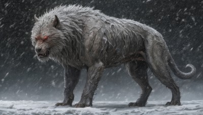 solo,looking at viewer,red eyes,standing,full body,outdoors,teeth,pokemon (creature),no humans,glowing,animal,fangs,sharp teeth,glowing eyes,claws,snow,monster,snowing,realistic,tusks