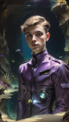 solo,looking at viewer,short hair,blue eyes,blonde hair,long sleeves,1boy,closed mouth,jacket,upper body,flower,male focus,tree,lips,makeup,leaf,nature,forest,zipper,science fiction,realistic,nose,purple jacket,bodysuit,fish