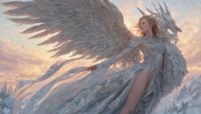 1girl,solo,long hair,breasts,blonde hair,red eyes,dress,medium breasts,outdoors,parted lips,wings,horns,sky,pointy ears,cloud,white dress,tree,lips,sideboob,no panties,bird,cloudy sky,feathers,feathered wings,angel wings,mountain,fantasy,dragon,white wings,angel,looking to the side,looking away,snow,flying