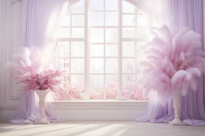 PREMIUM,dress,flower,day,indoors,tree,no humans,window,sunlight,plant,curtains,cherry blossoms,building,scenery,pink theme,still life