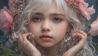 1girl, solo, long hair, looking at viewer, hair ornament, brown eyes, jewelry, flower, white hair, parted lips, hair flower, lips, hands up, eyelashes, ring, bug, portrait, close-up, pink flower, freckles, realistic, nose