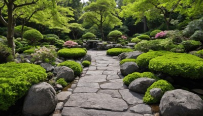 outdoors,day,tree,no humans,traditional media,grass,plant,nature,scenery,forest,rock,road,bush,path,moss,stone,water,sunlight,river,pond