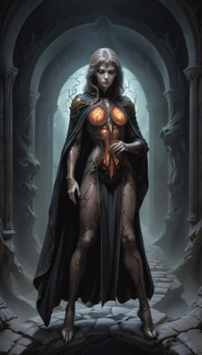 1girl,solo,long hair,breasts,looking at viewer,red eyes,medium breasts,standing,full body,white hair,barefoot,signature,cape,nail polish,armor,lips,fingernails,tattoo,glowing,colored skin,pale skin,black nails,glowing eyes,pelvic curtain,long fingernails,fantasy,sharp fingernails,vampire,grey skin,pillar,black lips,makeup,lipstick,cloak,skull