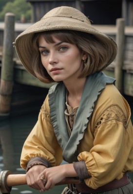 1girl,solo,looking at viewer,short hair,bangs,blue eyes,brown hair,shirt,long sleeves,hat,dress,holding,jewelry,upper body,weapon,earrings,outdoors,parted lips,day,puffy sleeves,belt,sword,holding weapon,blurry,lips,grey eyes,depth of field,blurry background,ring,puffy long sleeves,freckles,realistic,nose,straw hat,brown eyes,closed mouth,bracelet,own hands together,leather belt