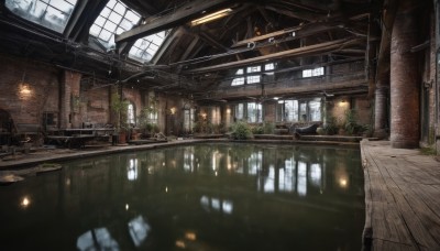 day,indoors,water,tree,no humans,window,sunlight,plant,building,scenery,reflection,light rays,stairs,ruins,bridge,ceiling light,overgrown,blurry,table,wooden floor,potted plant,vines,ceiling