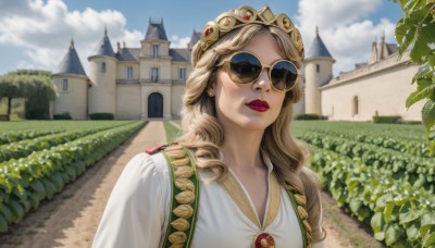 1girl,solo,long hair,blonde hair,shirt,dress,jewelry,white shirt,upper body,flower,outdoors,parted lips,sky,day,cloud,necklace,white dress,tree,blue sky,lips,makeup,leaf,sunglasses,cloudy sky,crown,plant,lipstick,building,gem,curly hair,gold trim,realistic,bush,castle,yellow-framed eyewear,braid,grass,portrait,scenery