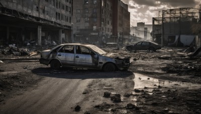 outdoors,sky,day,cloud,no humans,cloudy sky,ground vehicle,building,scenery,motor vehicle,city,realistic,fence,car,road,ruins,bridge,vehicle focus,lamppost,street,puddle,debris,broken glass,truck,tire,post-apocalypse,broken window,window,rubble