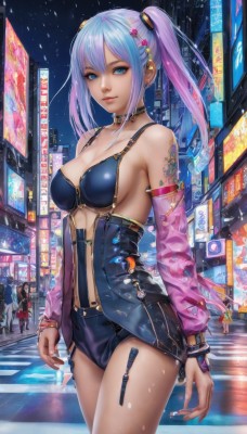 1girl,long hair,breasts,looking at viewer,smile,bangs,blue eyes,multiple girls,hair ornament,2girls,cleavage,bare shoulders,twintails,jewelry,medium breasts,closed mouth,blue hair,standing,swimsuit,pink hair,purple hair,thighs,multicolored hair,cowboy shot,earrings,outdoors,detached sleeves,shorts,solo focus,choker,hairclip,nail polish,bracelet,leotard,lips,see-through,short shorts,tattoo,gradient hair,night,building,city,cyberpunk,crosswalk,solo,long sleeves,hair between eyes,collarbone,jacket,sidelocks,bikini,sky,shiny,artist name,signature,two-tone hair,shiny skin,eyelashes,sideboob,makeup,watermark,black choker,piercing,ear piercing,night sky,light purple hair,eyeshadow,walking,science fiction,pink lips,car,road,cityscape,cable,earphones,street,skyscraper,leg tattoo,mascara