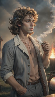 solo,short hair,blue eyes,brown hair,shirt,1boy,navel,holding,jewelry,standing,collarbone,jacket,male focus,cowboy shot,outdoors,parted lips,open clothes,sky,belt,pants,cloud,necklace,lips,open shirt,piercing,ring,cloudy sky,fire,denim,ground vehicle,messy hair,motor vehicle,smoke,freckles,curly hair,cigarette,hand in pocket,realistic,nose,smoking,unbuttoned,brown belt,looking afar,grey pants,navel piercing,unbuttoned shirt,holding cigarette,lighter,blonde hair,hair ornament,tattoo