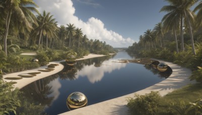 outdoors,sky,day,cloud,water,tree,blue sky,no humans,shadow,ocean,beach,cloudy sky,grass,plant,nature,scenery,forest,reflection,sand,palm tree,horizon,bush,shade,watercraft,summer,boat,reflective water,island,sunlight,aircraft,airplane,vehicle focus