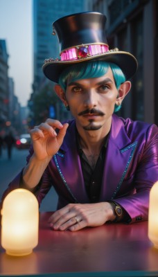 solo,looking at viewer,short hair,blue eyes,shirt,long sleeves,1boy,hat,brown eyes,jewelry,blue hair,jacket,upper body,male focus,earrings,outdoors,blurry,black shirt,black headwear,aqua hair,depth of field,blurry background,facial hair,sunglasses,ring,building,watch,top hat,city,realistic,mustache,wristwatch,purple jacket,lamppost,green hair,lamp