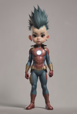 solo,looking at viewer,simple background,black hair,gloves,1boy,brown eyes,jewelry,closed mouth,standing,full body,weapon,male focus,earrings,boots,artist name,signature,grey background,chibi,armor,black eyes,lips,bodysuit,spiked hair,red gloves,clenched hands,superhero,mohawk,1girl,blue hair,belt,red footwear,realistic