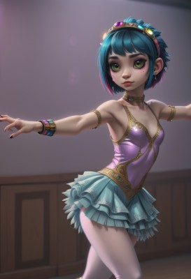 1girl,solo,breasts,looking at viewer,short hair,bangs,skirt,cleavage,bare shoulders,jewelry,closed mouth,green eyes,blue hair,standing,collarbone,pantyhose,multicolored hair,hairband,earrings,small breasts,green hair,choker,indoors,miniskirt,armpits,necklace,nail polish,blurry,bracelet,leotard,lips,makeup,facial mark,outstretched arms,tiara,gem,black nails,web address,armlet,eyeshadow,freckles,white pantyhose,nose,spread arms,eyeliner,dancing,purple leotard,mascara,pink leotard,ballerina,ballet,tutu,hair ornament,fingernails,realistic