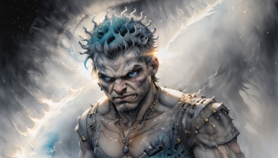 solo,looking at viewer,blue eyes,1boy,jewelry,closed mouth,blue hair,collarbone,upper body,male focus,earrings,signature,necklace,armor,muscular,glowing,facial hair,fire,glowing eyes,beard,science fiction,serious,mustache,cyborg,glowing hair,multicolored hair,scar,realistic,manly