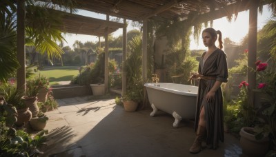 1girl,solo,long hair,brown hair,standing,ponytail,flower,boots,outdoors,day,water,tree,brown footwear,sunlight,plant,scenery,robe,potted plant,bathtub,flower pot,garden,skirt,closed mouth,japanese clothes,indoors,bandages,injury,realistic,palm tree,bush,wide shot,faucet