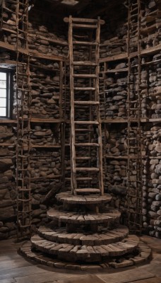 monochrome,indoors,no humans,window,scenery,wooden floor,stairs,ruins,sepia,brown theme,wood,solo,signature,wall