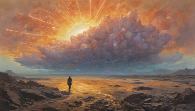 solo,1boy,standing,male focus,outdoors,sky,cloud,water,from behind,ocean,cloudy sky,star (sky),scenery,1other,science fiction,sunset,rock,sand,sun,horizon,wide shot,ambiguous gender,orange sky,signature,sunlight