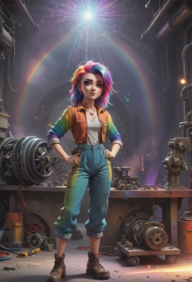 1girl,solo,long hair,breasts,looking at viewer,smile,shirt,long sleeves,cleavage,brown eyes,jewelry,medium breasts,closed mouth,standing,collarbone,jacket,full body,white shirt,pink hair,purple hair,multicolored hair,earrings,small breasts,boots,open clothes,shoes,belt,pants,artist name,signature,necklace,two-tone hair,open jacket,lips,streaked hair,makeup,watermark,brown footwear,denim,lipstick,web address,pendant,sleeves rolled up,eyeshadow,personification,legs apart,pocket,hands on hips,jeans,light rays,nose,blue pants,ankle boots,overalls,cable,rainbow,jumpsuit,sleeves pushed up,spotlight,pants rolled up,rainbow hair,short hair,blue eyes,blue hair,red hair,head tilt,piercing,ear piercing,multicolored clothes,cross-laced footwear,broken,orange jacket,nose piercing,eyebrow piercing