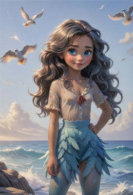 1girl,solo,long hair,breasts,looking at viewer,blush,smile,blue eyes,skirt,brown hair,shirt,black hair,cleavage,closed mouth,standing,collarbone,white shirt,short sleeves,cowboy shot,small breasts,outdoors,sky,day,artist name,cloud,signature,water,blue sky,lips,blue skirt,hand on hip,bird,ocean,animal,wavy hair,beach,thick eyebrows,cloudy sky,feathers,blouse,child,backlighting,arm at side,rock,nose,horizon,waves,seagull,ribbon,red ribbon,floral print,sunlight,frilled sleeves,wind,freckles,curly hair