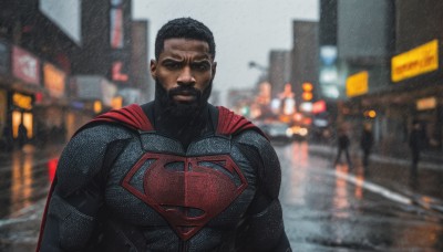 solo,looking at viewer,short hair,black hair,1boy,upper body,male focus,outdoors,dark skin,cape,blurry,wet,bodysuit,muscular,blurry background,facial hair,dark-skinned male,pectorals,muscular male,building,bara,beard,large pectorals,rain,city,mature male,realistic,mustache,red cape,manly,superhero,photo background,smile,closed mouth,closed eyes,solo focus,night,depth of field,thick eyebrows,facing viewer,black cape,road,street,blue bodysuit