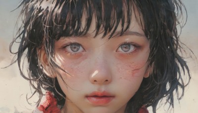 1girl,solo,looking at viewer,short hair,bangs,brown hair,black hair,brown eyes,closed mouth,black eyes,lips,grey eyes,eyelashes,expressionless,messy hair,portrait,close-up,freckles,realistic,nose,red lips,simple background,parted lips,medium hair