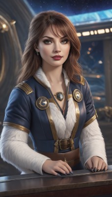 1girl,solo,long hair,breasts,looking at viewer,smile,brown hair,long sleeves,cleavage,brown eyes,jewelry,upper body,earrings,sky,belt,signature,necklace,nail polish,mole,blurry,lips,coat,fur trim,makeup,night,blurry background,lipstick,star (sky),night sky,starry sky,freckles,realistic,nose,red lips,fur-trimmed sleeves,sitting,artist name,fingernails,watermark,instrument,black nails,pendant,eyeshadow,fur