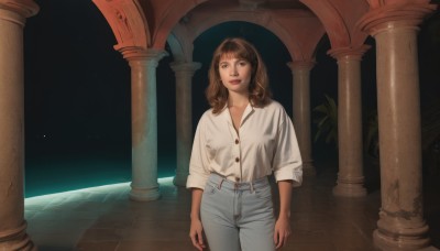 1girl,solo,long hair,looking at viewer,smile,bangs,brown hair,shirt,long sleeves,brown eyes,closed mouth,standing,white shirt,cowboy shot,collared shirt,pants,indoors,lips,looking to the side,buttons,plant,denim,sleeves rolled up,jeans,arms at sides,blue pants,shirt tucked in,pillar,arch,high-waist pants,column,jewelry,parted lips,blunt bangs,medium hair,dress shirt,looking away,realistic,white pants,red lips,space,partially unbuttoned,planet