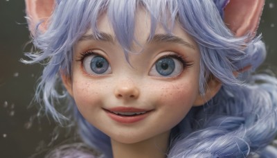 1girl,solo,long hair,looking at viewer,smile,open mouth,bangs,blue eyes,animal ears,blue hair,braid,white hair,heart,parted lips,teeth,artist name,cat ears,blurry,lips,grey eyes,eyelashes,fangs,portrait,close-up,freckles,realistic,red lips,eye focus,hair between eyes,pointy ears,signature,upper teeth only,nose