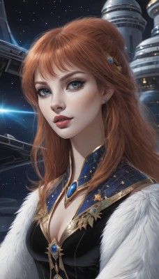 1girl,solo,long hair,breasts,looking at viewer,bangs,blue eyes,brown hair,hair ornament,dress,cleavage,jewelry,medium breasts,upper body,earrings,parted lips,sky,hair bun,orange hair,lips,fur trim,makeup,night,lipstick,brooch,gem,star (sky),starry sky,freckles,realistic,nose,red lips,space,red hair,artist name,eyelashes