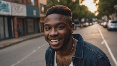 solo,looking at viewer,smile,short hair,shirt,black hair,1boy,jewelry,jacket,white shirt,upper body,male focus,earrings,outdoors,teeth,dark skin,necklace,grin,blurry,black eyes,blurry background,facial hair,dark-skinned male,denim,blue jacket,ground vehicle,motor vehicle,beard,realistic,car,road,very short hair,street,very dark skin,photo background,denim jacket,brown hair,depth of field,parody,portrait,meme,chest hair