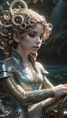 1girl,solo,long hair,breasts,blonde hair,brown hair,hair ornament,long sleeves,dress,cleavage,brown eyes,jewelry,upper body,weapon,earrings,small breasts,parted lips,sword,artist name,water,armor,mole,blurry,black eyes,lips,eyelashes,mole under eye,makeup,depth of field,blurry background,blue dress,watermark,wavy hair,facial mark,looking away,sunlight,lipstick,gem,freckles,curly hair,nose,fantasy,red lips,looking afar,dappled sunlight,blue eyes,collarbone,outdoors,gold trim,realistic