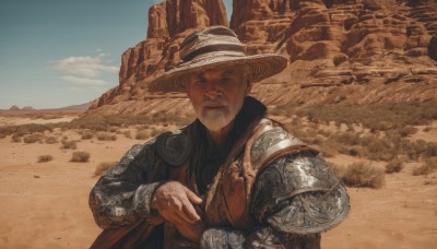 solo,looking at viewer,long sleeves,1boy,hat,closed mouth,upper body,grey hair,male focus,outdoors,sky,day,cloud,armor,blue sky,facial hair,shoulder armor,beard,pauldrons,sand,old,old man,desert,chainmail,closed eyes,facing viewer,realistic