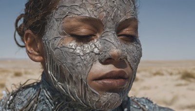 1girl,solo,brown hair,closed eyes,outdoors,day,artist name,armor,blurry,lips,blurry background,helmet,portrait,realistic,desert,closed mouth,sky,blue sky,half-closed eyes,close-up