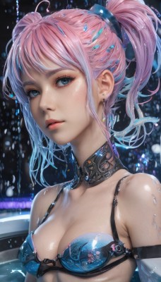 1girl,solo,breasts,looking at viewer,short hair,bangs,blue eyes,hair ornament,cleavage,bare shoulders,twintails,jewelry,medium breasts,closed mouth,underwear,blue hair,collarbone,swimsuit,upper body,ponytail,pink hair,sidelocks,bikini,multicolored hair,earrings,small breasts,choker,shiny,signature,water,bra,lips,wet,shiny skin,eyelashes,gradient hair,makeup,detached collar,realistic,nose,mascara,long hair,parted lips,detached sleeves,artist name,armor,shiny hair,watermark,expressionless,gem,water drop,pink lips,hair tie,bikini armor